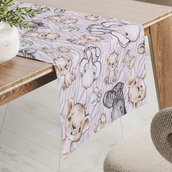 ubrus Dětský bavlněný běhoun na stůl Sandra SA-335 Africká zvířátka na šedém zebrovaném 20x140 cm