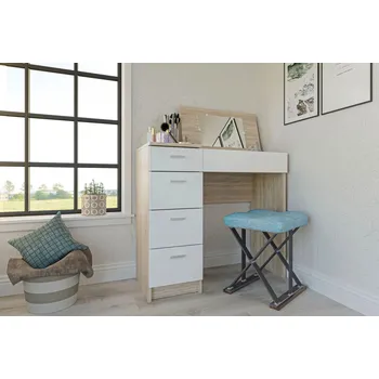 Psací stůl Pracovní a toaletní stolek CHARM, dub sonoma/bílá, 4 zásuvky, zrcadlo