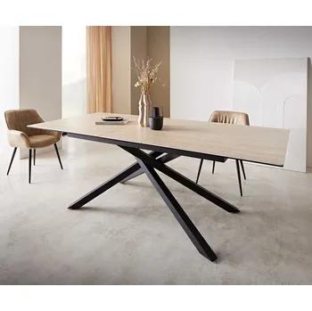 Jídelní stůl DELIFE Jídelní stůl Edge 180-220x100 keramika travertin přírodní křížová podnož obdélník černý rozkládací