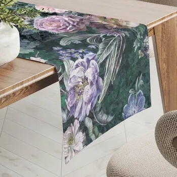 ubrus Dekorační běhoun na stůl BM-010 Velké fialové květy na tmavě zeleném 20x120 cm