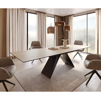 Jídelní stůl DELIFE Jídelní stůl Edge 200-300x100 keramika Laminam® sabbia dubová barva podnož ve tvaru V plochá ocel černá rozkládací