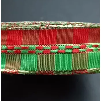 Stuha Kostková stuha s metaloplastem a drátem, 25 mm, červeno-zelená