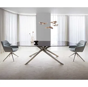 Jídelní stůl DELIFE Jídelní stůl Edge oválný 240x120 sklo s reliéfem kouřově černé 3D design křížová podnož nerezová ocel