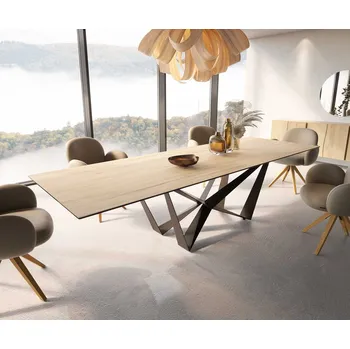 Jídelní stůl DELIFE Jídelní stůl Edge 300x100 keramika Laminam® Sabbia dubová barva Spider plochá ocel černá