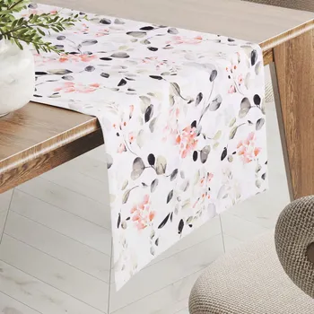 ubrus Bavlněný běhoun na stůl Sandra SA-288 Eukalyptus s růžovými květy na bílém 35x120 cm