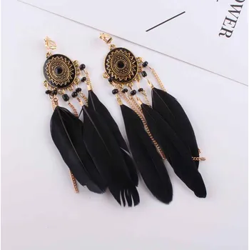 Náušnice B-TOP Dámské boho náušnice klipsy s pírky Druh barvy: Černá
