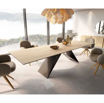 Jídelní stůl DELIFE Jídelní stůl Edge 300x100 keramika Laminam® Sabbia dubová podnož ve tvaru V plochá ocel černá