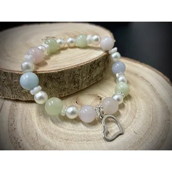 Náramek Top textil Náramek s přívěskem Srdíčko - Morganit & perla