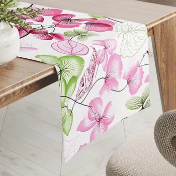 ubrus Bavlněný běhoun na stůl Sandra SA-366 Růžovo-zelené květy na bílém 20x160 cm