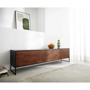 Televizní stolek DELIFE TV stolek Vaag 200 cm sheesham přírodní mango černá 4 dvířka