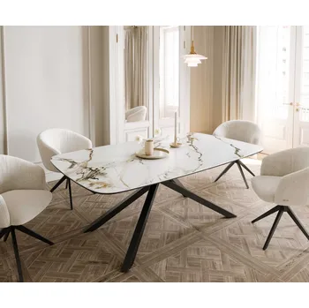 Jídelní stůl DELIFE Jídelní stůl Edge Boot 200x100 keramika Calacatta Luxe bílá-zlatá-šedá křížová podnož obdélník černá