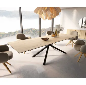 Jídelní stůl DELIFE Jídelní stůl Edge 300x100 keramika Laminam® Sabbia dubová křížová podnož černá