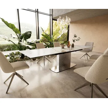 Jídelní stůl DELIFE Jídelní stůl Edge 200-300x100 keramika Calacatta Luxe bílá-zlatá-šedá Wave nerezová ocel rozkládací