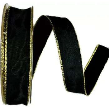 Stuha Vánoční stuha černá BASIC COLORE BLACK 25mm x 25m (6,-Kč/m) (Vánoční saténová stuha, černá, oboulící, zlatý okraj, s drátkem v lemu)