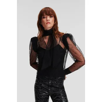 HALENKA KARL LAGERFELD KL MESH RUFFLE TOP BLACK