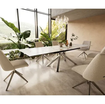 Jídelní stůl DELIFE Jídelní stůl Edge 200-300x100 keramika Calacatta Luxe bílá-zlatá-šedá křížová podnož obdélníkový nerezová ocel rozkládací