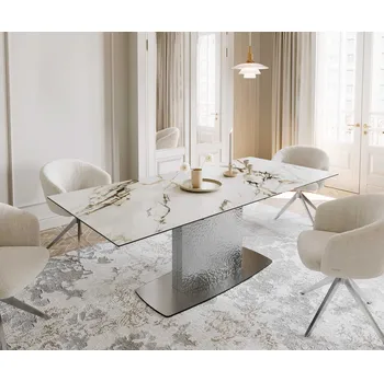 Jídelní stůl DELIFE Jídelní stůl Edge 180-220x100 keramika Calacatta Luxe bílá-zlatá-šedá Wave nerezová ocel rozkládací