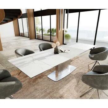 Jídelní stůl DELIFE Jídelní stůl Edge 200-300x100 keramika Laminam®Statuarietto bílá Wave nerezová ocel rozkládací