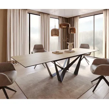 Jídelní stůl DELIFE Jídelní stůl Edge 200-300x100 keramika Laminam® Sabbia dubová barva Spider plochá ocel černá rozkládací