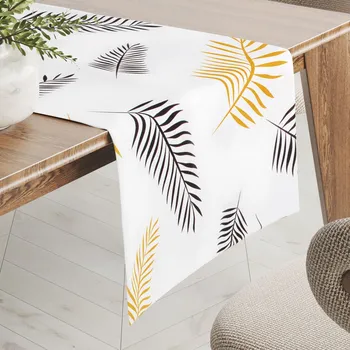 ubrus Bavlněný běhoun na stůl Sandra SA-219 Zlaté a černé palmové listy na bílém 20x180 cm