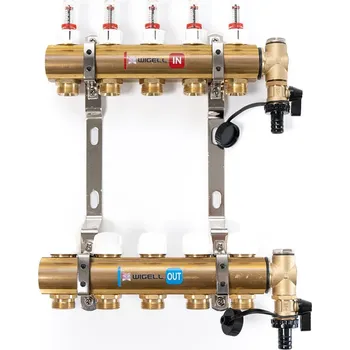 rozdělovač topení Wigell Podlahový rozdělovač WIGELL, 5 okruhů, mosazný + odvzdušňování na klíč
