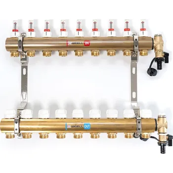rozdělovač topení Wigell Podlahový rozdělovač WIGELL, 9 okruhů, mosazný + odvzdušňování na klíč