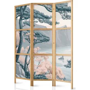 Paraván Japonský paraván - Hornaté pobřeží se stromy a skalami ve světle pastelově modré Velikost: 135x172 cm