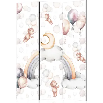 Paraván Paraván - Plyšoví medvědi s balónky - Létající světle hnědí medvídci mezi balónky - Mraky - a duhy v tlumeném odstínu - Pastelové odstíny Velikost: 135x172 cm, Provedení: Jednostranný
