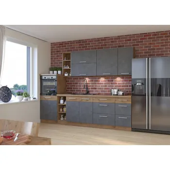 Kuchyňská linka Kuchyňe Woodline IV, Barva: Dub lancelot / matera, Osvětlení: osvětlení LED - bílé, Dřez: ne, Pracovní deska do kuchyně: s pracovní deskou MIRJAN 5903211119071