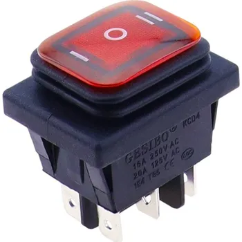 vypínač Kolébkový vypínač obdélníkový s podsvícením KCD4, ON-OFF-ON, IP65, 250V/16A Červená