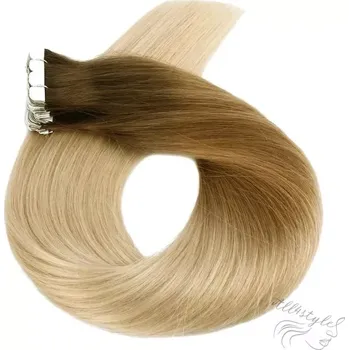 Příčesek Vlasové PU pásky MINI tape in na prodlužování vlasů 50cm ombré 08/27/60 - světle hnědá / tmavá blond / platina