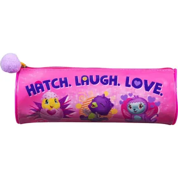 Penál Oválný školní penál na zip Hatchimals 21x8cm růžový s bambulkou | 43