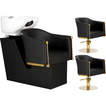 Kadeřnické křeslo Lincoln Sada Kadeřnický mycí box a 2x Kadeřnická hydraulická otočná křesla s do kadeřnického salonu mycí box pohyblivá keramická mísa armatura baterie sprchová hlavice Z-FJ-83048-BLACK-GOLD-ZESTAW-BEZPODN-013(WH)