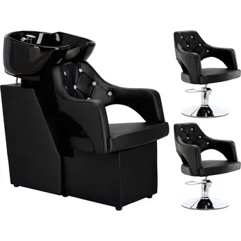 Kadeřnické křeslo Leia Sada Kadeřnický mycí box a 2x Kadeřnická hydraulická otočná křesla s do kadeřnického salonu mycí box pohyblivá keramická mísa armatura baterie sprchová hlavice Z-FJ-83008-BLACK-ZESTAW-BEZPODN