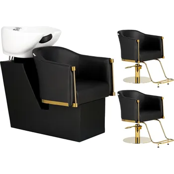 Kadeřnické křeslo Lincoln Sada Kadeřnický mycí box a 2x Kadeřnická hydraulická otočná křesla s podnožkou do kadeřnického salonu mycí box pohyblivá keramická mísa armatura baterie sprchová hlavice Z-FJ-83048-BLACK-GOLD-ZESTAW-013(WH)