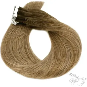 Příčesek Vlasové PU pásky MINI tape in na prodlužování vlasů 60cm ombré balayage 04/27/24 - středně hnědá / tmavá blond / platinová extra