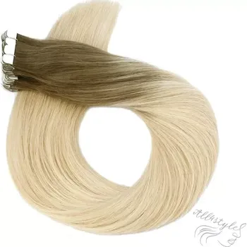 Příčesek Vlasové PU pásky MINI tape in na prodlužování vlasů 60cm ombré 08/60 - světle hnědá / platina