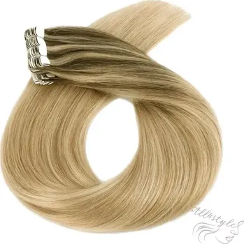 Příčesek Vlasové PU pásky MINI tape in na prodlužování vlasů 40cm ombré balayage 08/27/60 - světle hnědá / tmavá blond / platina