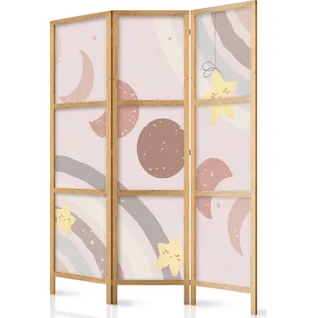 Paraván Japonský paraván - Radostné nebe - Žluté veselé hvězdy s duhou proti měsíčním fázím - na obloze zbarvené do světle béžové. Velikost: 135x172 cm