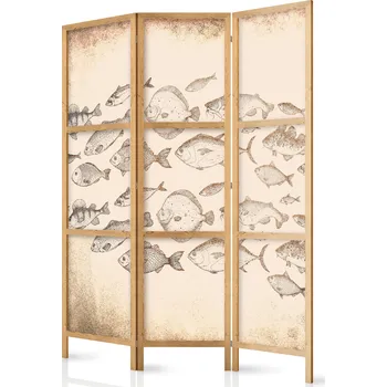 Paraván Japonský paraván - Náčrt hejna ryb: Náčrtky různých druhů ryb plavání v hejnu na béžovém pozadí ve stylu Vintage Velikost: 135x172 cm