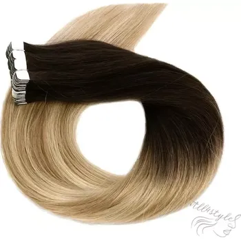 Příčesek Vlasové PU pásky MINI tape in na prodlužování vlasů 40cm ombré balayage 02/27/60 - tmavě hnědá / tmavá blond / platina