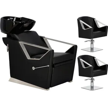 Kadeřnické křeslo Lars Sada Kadeřnický mycí box a 2x Kadeřnická hydraulická otočná křesla s do kadeřnického salonu mycí box pohyblivá keramická mísa armatura baterie sprchová hlavice Z-FJ-83034-BLACK-ZESTAW-BEZPODN