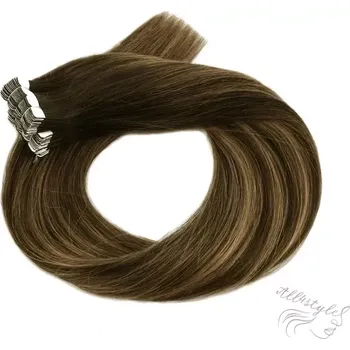 Příčesek Vlasové PU pásky MINI tape in na prodlužování vlasů 30cm ombré balayage 04/27/04 - středně hnědá / tmavá blond