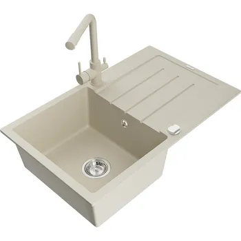 Granitový dřez MEXEN/S - Bruno granitový dřez s odkapávačem včetně baterie Duero, béžová 6513-69-671600-69