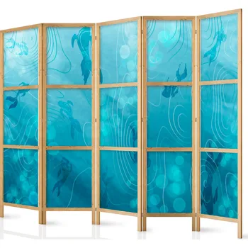 Paraván Japonský paraván - Koi ryby pod vodní hladinou: Shluk japonských ryb v hlubinách rybníka v odstínech námořnické a modré Velikost: 225x172 cm