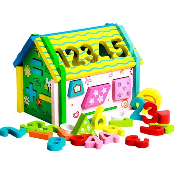 Dřevěná hračka Dřevěný skládací domeček s třídičkou – čísla a tvary