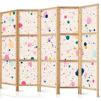 Paraván Japonský paraván - Tečky - Vícebarevné skvrny a cákance - Veselý vzor na světle růžovém pozadí. Velikost: 225x172 cm