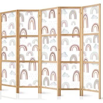Paraván Japonský paraván - Rainbows and Clouds - Různě velké duhy v tlumených barvách mezi dešťovými mraky v bledě modrém odstínu. Velikost: 225x172 cm