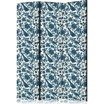 Paraván Paraván - Růžová réva - Jednobarevní modří ptáci odpočívající mezi růžemi Velikost: 135x172 cm, Provedení: Jednostranný