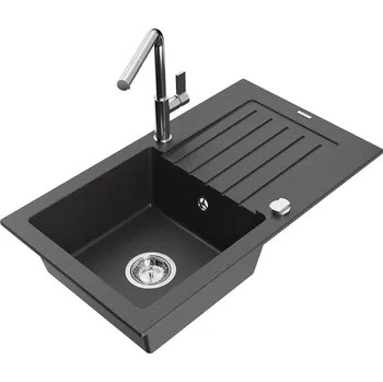 Granitový dřez MEXEN/S - Pablo granitový dřez 1 s odkapávačem včetně baterie Flora, černá kropenatá 6510-76-670401-00